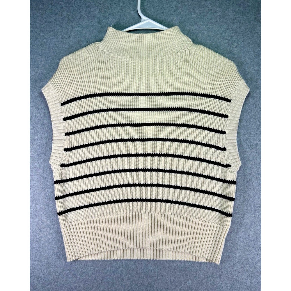 Hole*Maeve Sweater Vest Women S Ivory Black Strip Rib-Knit Mock Neck Sleeveless